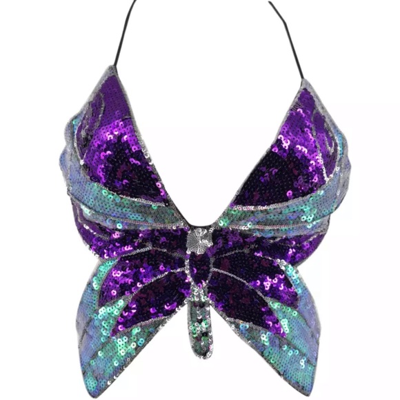 Butterfly Sequin Glitter Festival Rave Crop Top - Picture 5 of 6